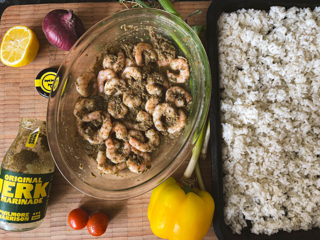 Jerk Prawn Fried Rice in preperation